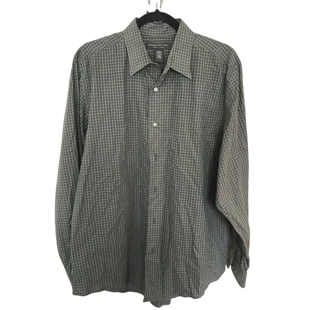 Banana Republic Stretch Classic Shirt Mens Large Olive Green Blue Grid Check L/S
